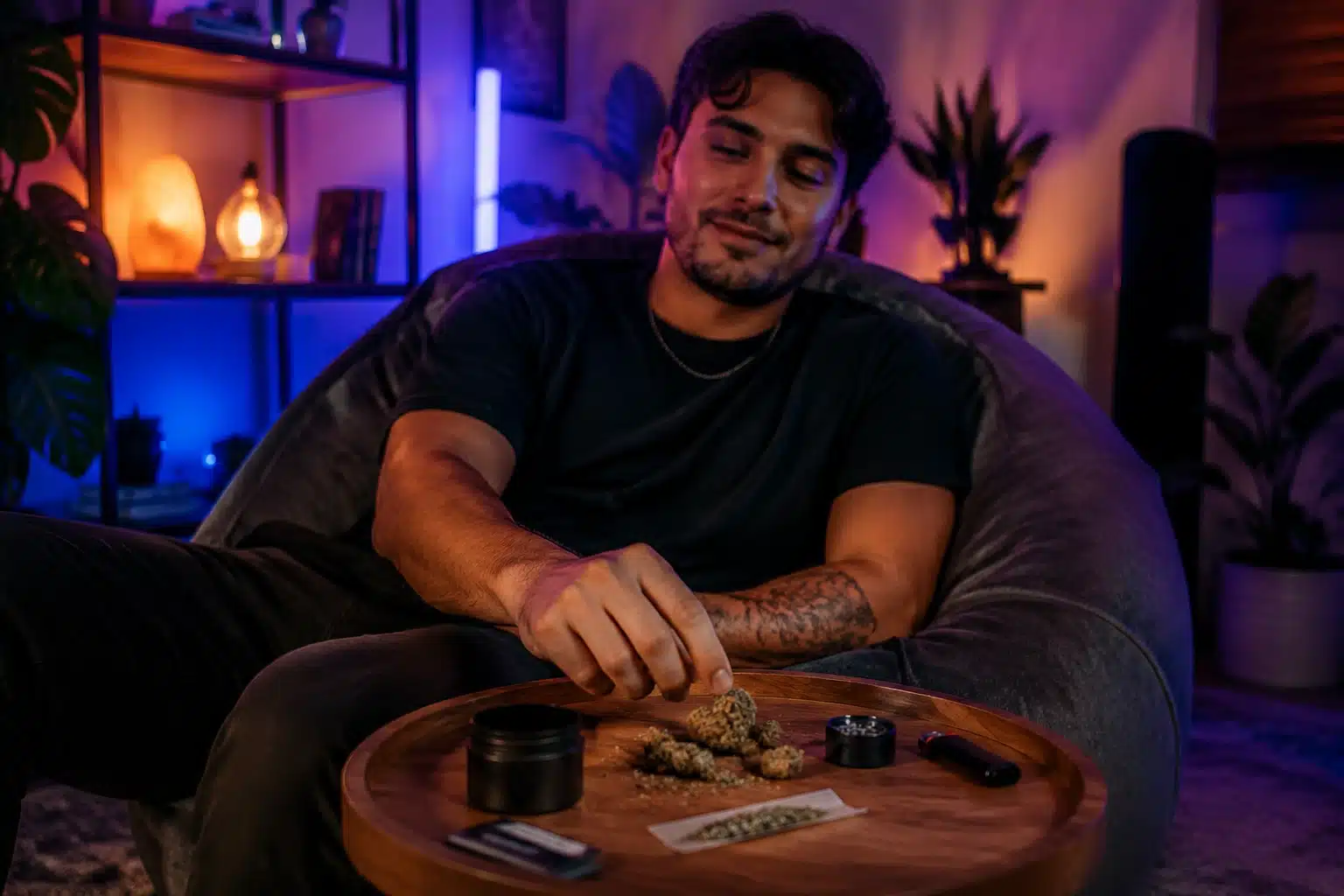 a young man sitting on a beanbag with a small table, cannabis buds, rolling paper, and lighter, in ambient lighting