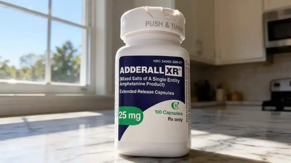 adderall xr 25mg extended-release capsules prescription bottle on a marble kitchen counter with natural window light
