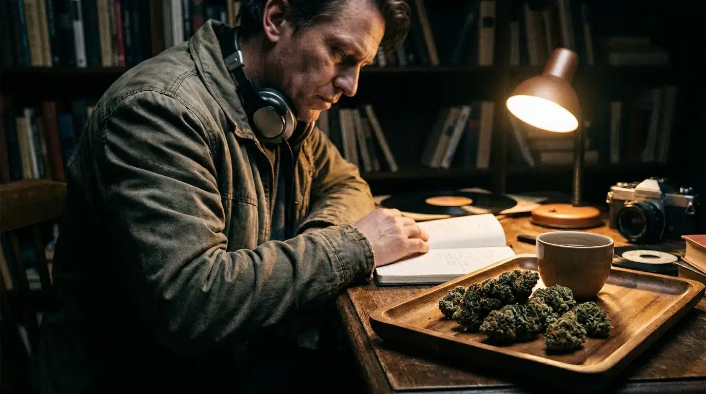 adult at a dark desk with jet fuel strain buds headphones and notebook showing a focused late night mood