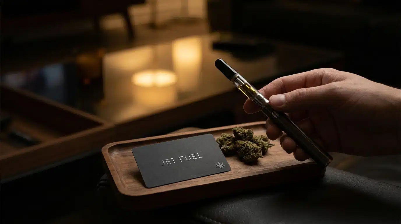 adult holding a jet fuel vape in a dark room with a sleek moody setup and strain focused feel