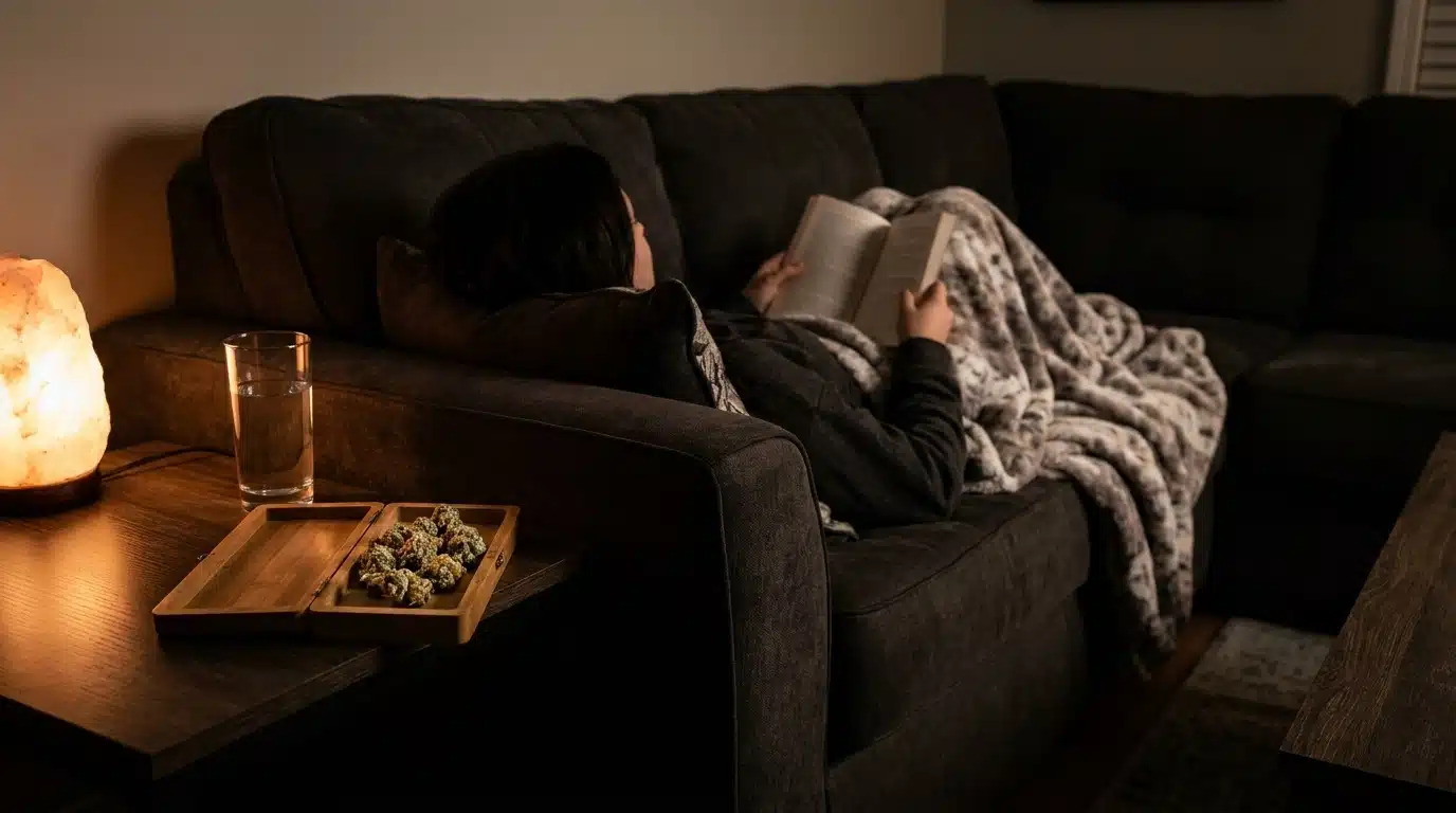 adult relaxing in a dark room near jet fuel strain buds showing light body ease and a calm settled feel