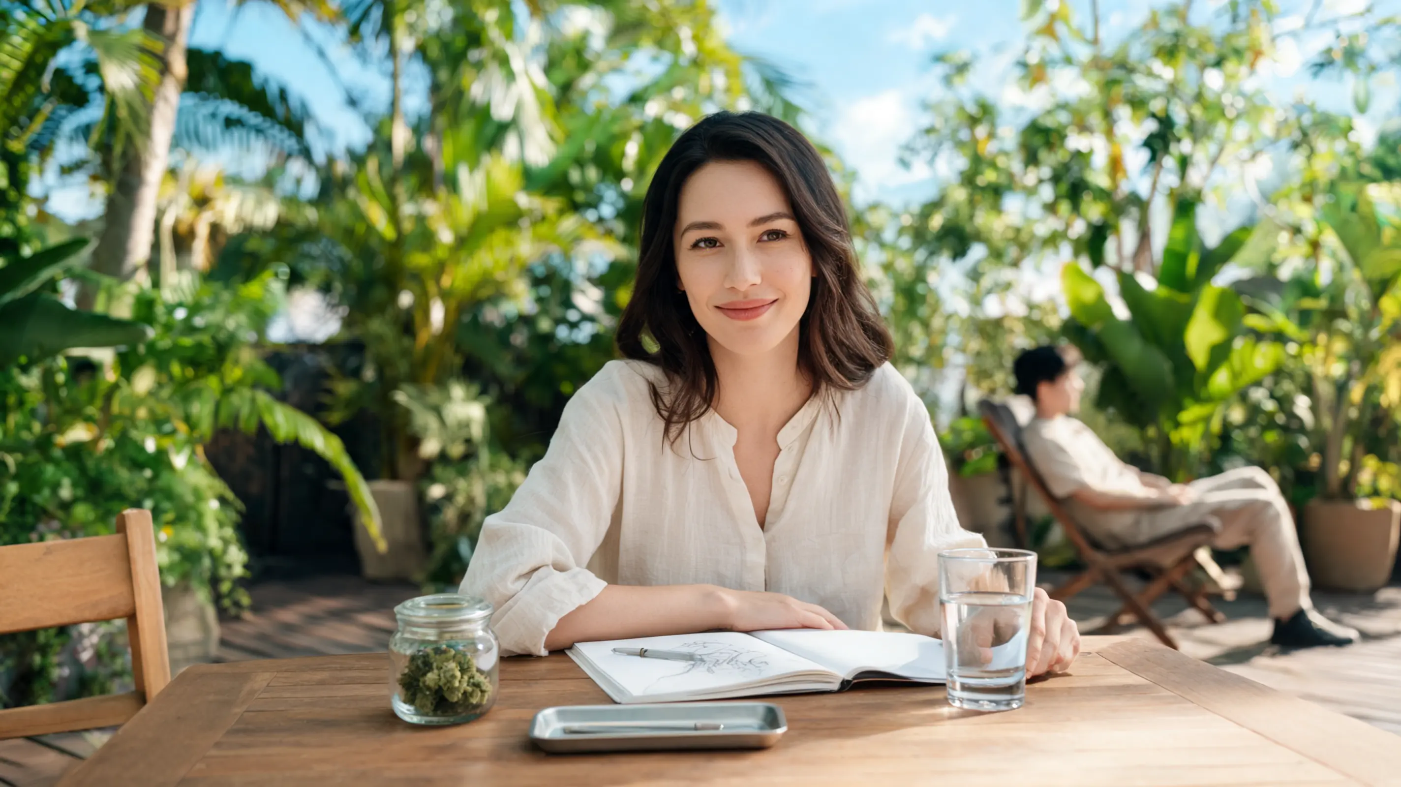 adult relaxing outdoors with maui wowie strain in a sunny tropical setting
