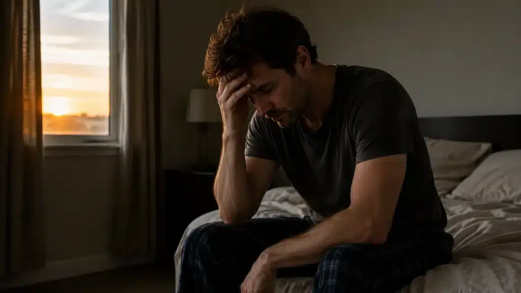 adult sitting on a bed during crack withdrawal with low energy and emotional distress