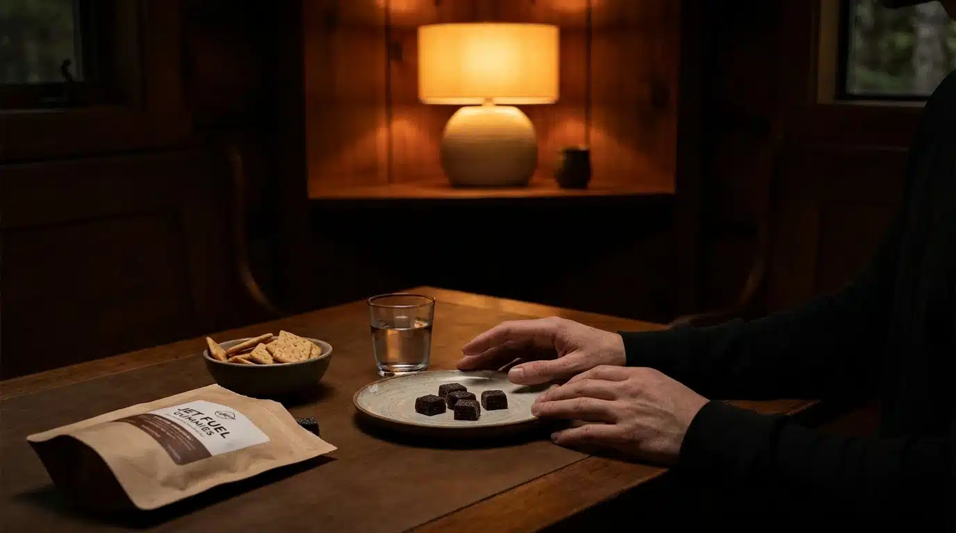 adult sitting with jet fuel edibles and water in a dark room showing a calm slow paced strain mood
