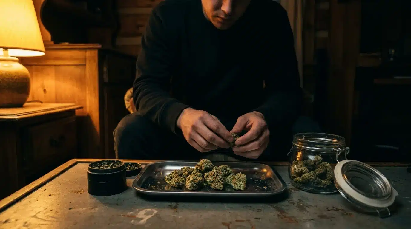 adult with jet fuel flower on a tray in a dark room showing a bold strain vibe and rich bud detail