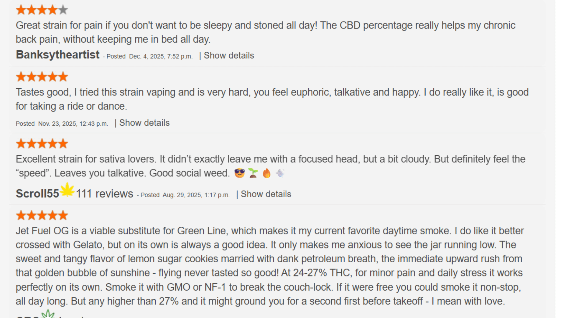allbud user reviews describe jet fuel strain as euphoric talkative gassy and daytime friendly for some users (1)