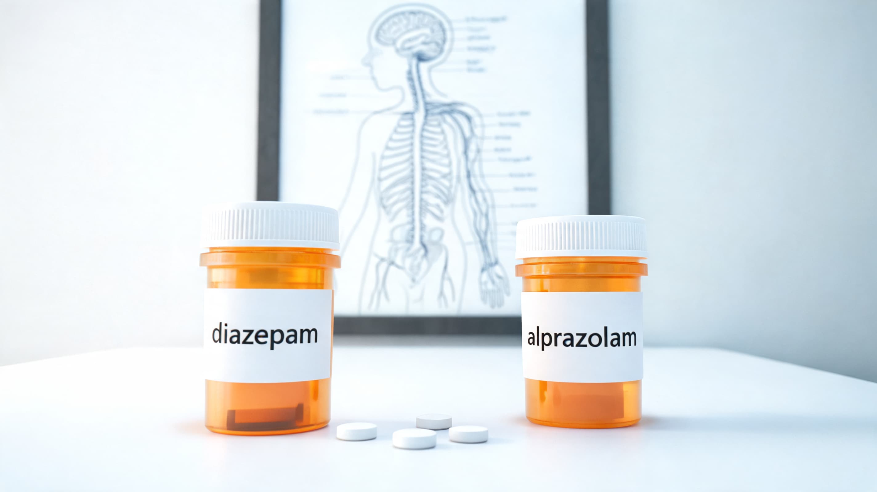 anti anxiety medicine bottles labeled diazepam and alprazolam on a clean medical desk