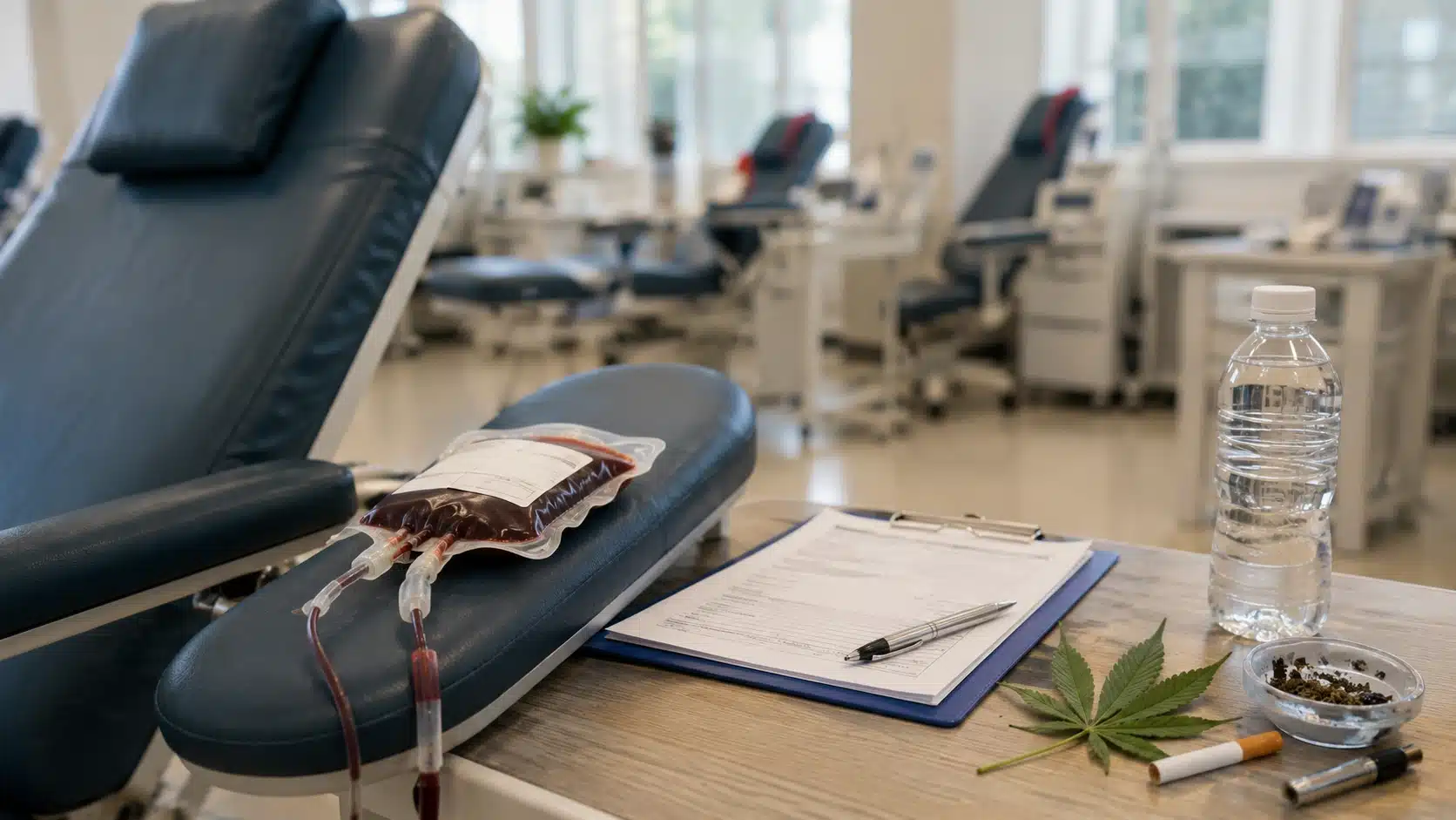 blood donation clinic with chair, blood bag, clipboard, water bottle, cannabis leaf, cigarette, and vape