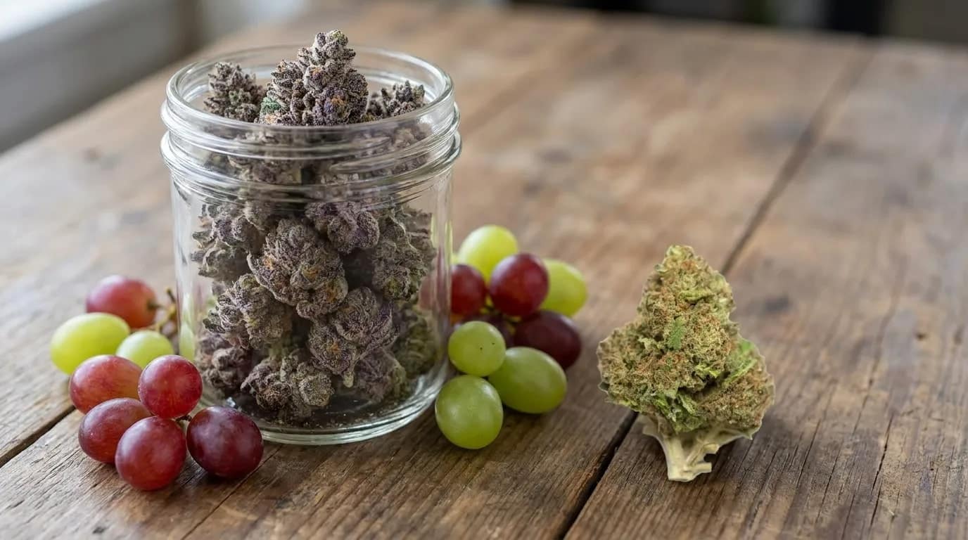 Blue Zkittlez buds in jar with grapes, showing berry notes and sharper on wooden table
