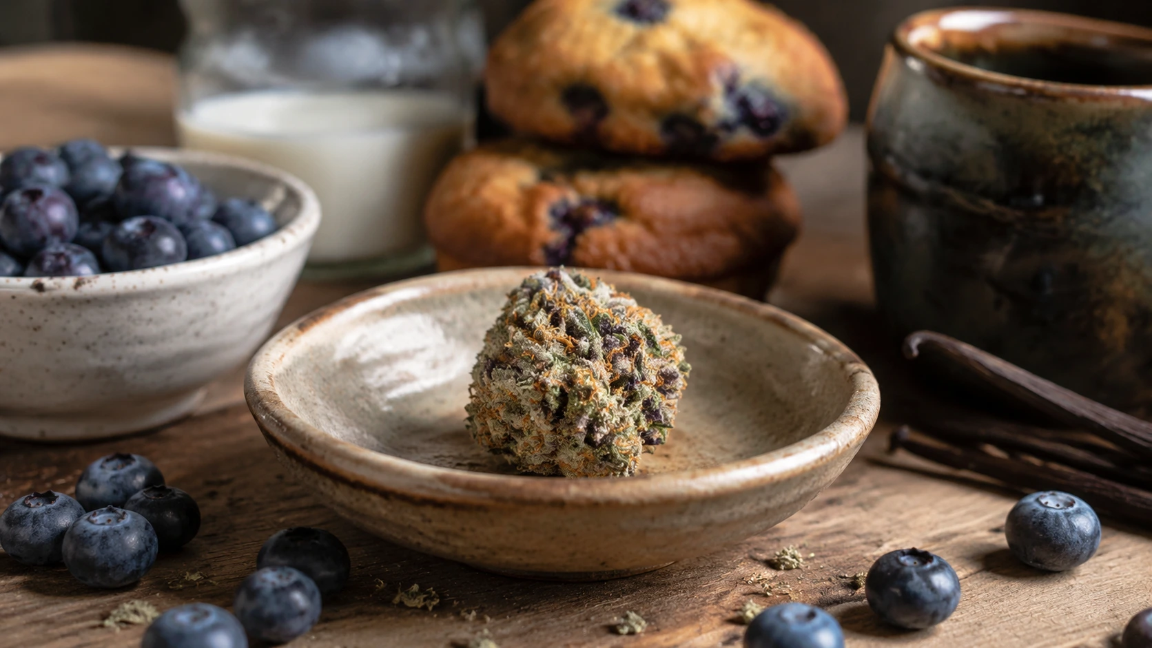 blueberry muffin cannabis bud in a ceramic bowl surrounded by blueberries, vanilla pods, muffins in a rustic kitchen
