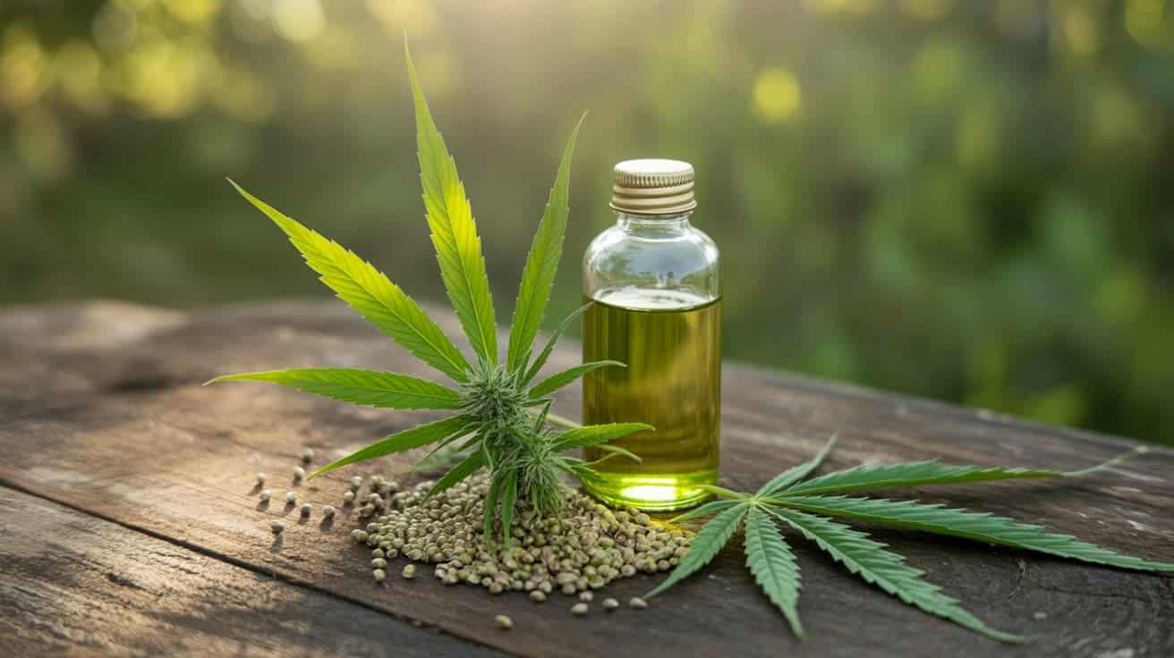 bottle of hemp seed oil surrounded by hemp leaves and seeds in a natural setting