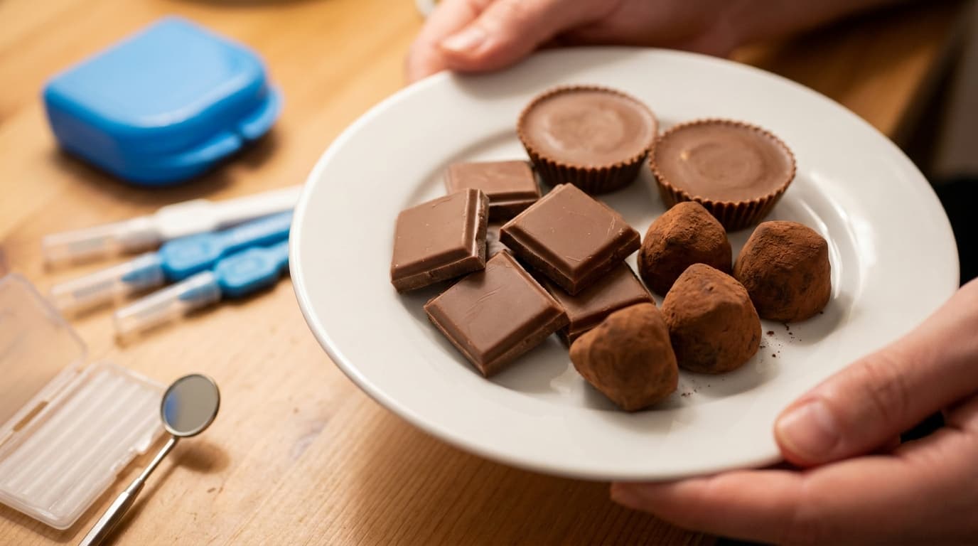 plain chocolate peanut butter cups and soft truffles shown as softer treats for braces