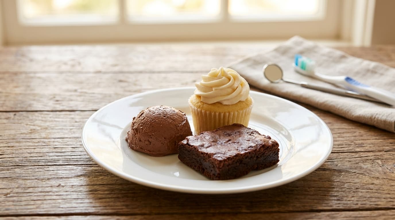 pudding mousse brownie and soft cupcake shown as gentle dessert options for braces