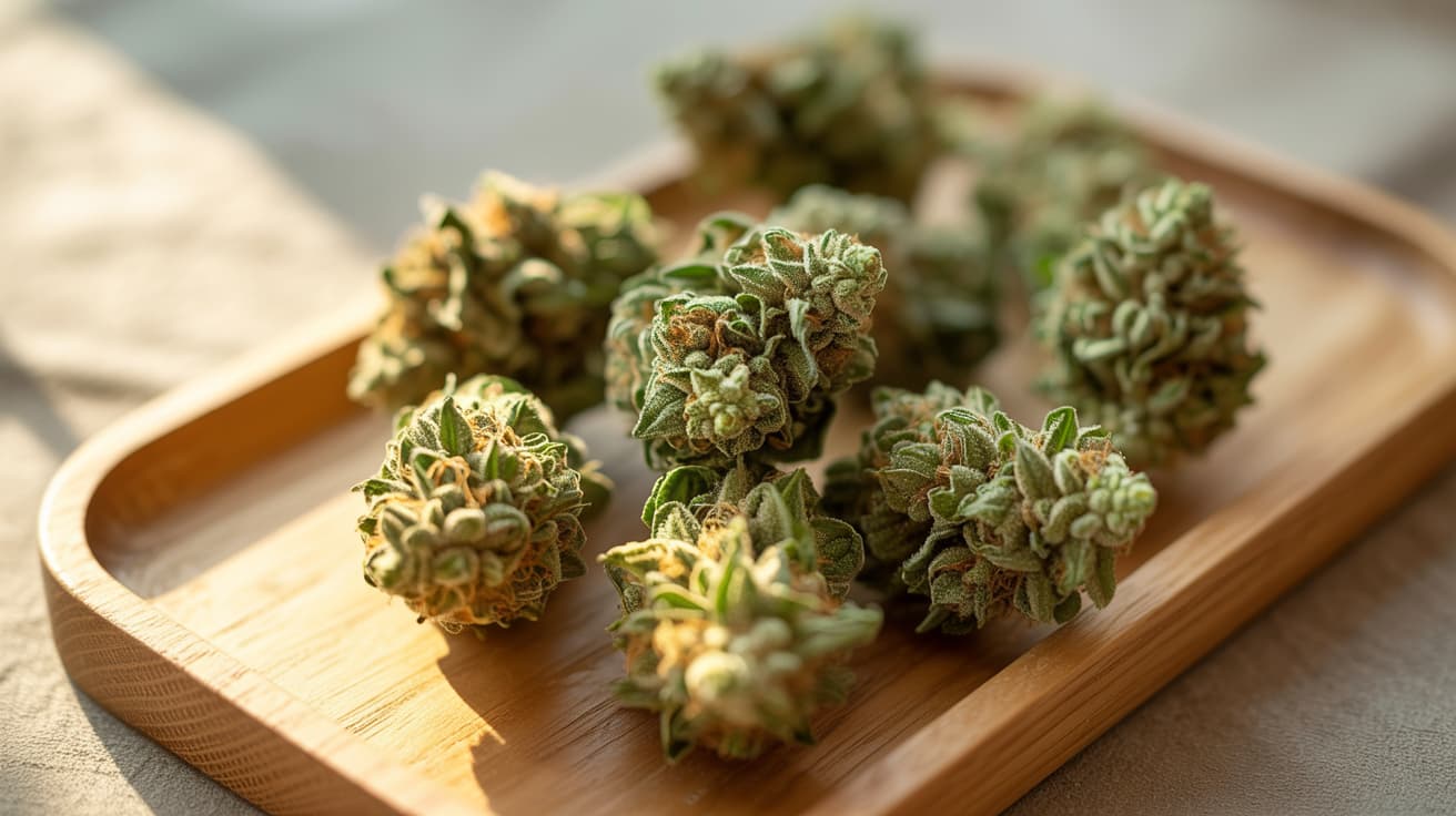 bright green cannabis buds on wooden tray with orange hairs and warm natural sunlight