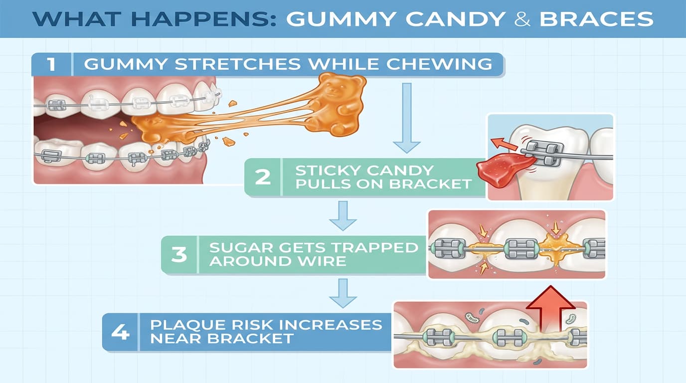 infographic showing how gummies pull on braces trap sugar and make cleaning harder