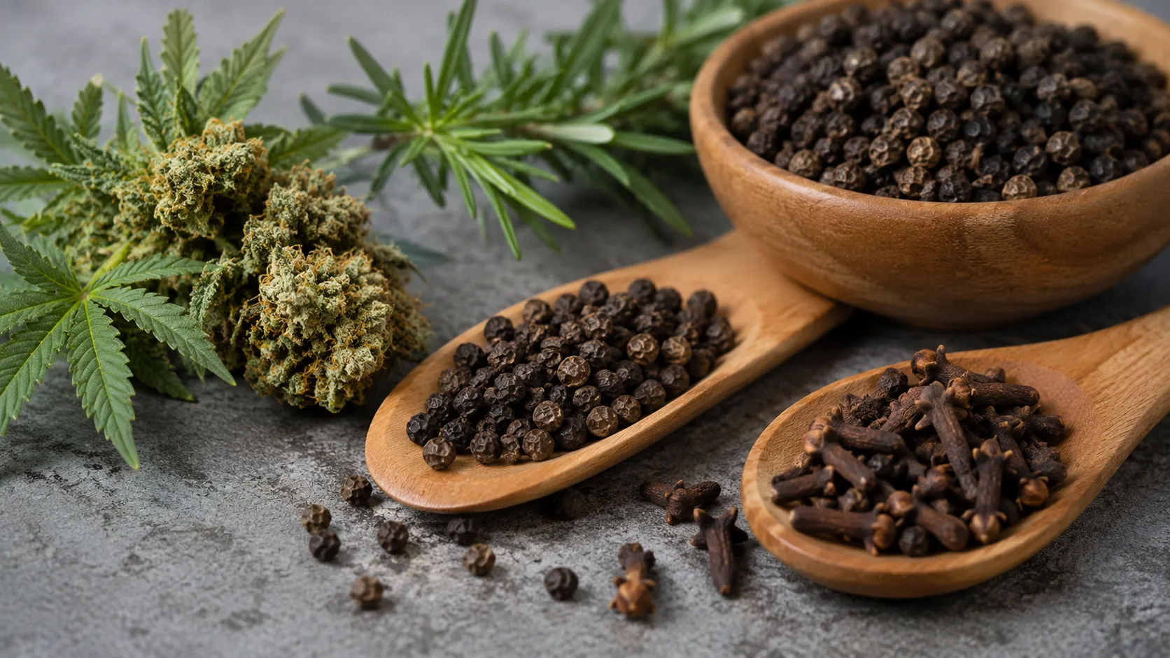 cannabis, black pepper, cloves, and rosemary showing natural sources linked to caryophyllene terpene effects in the body
