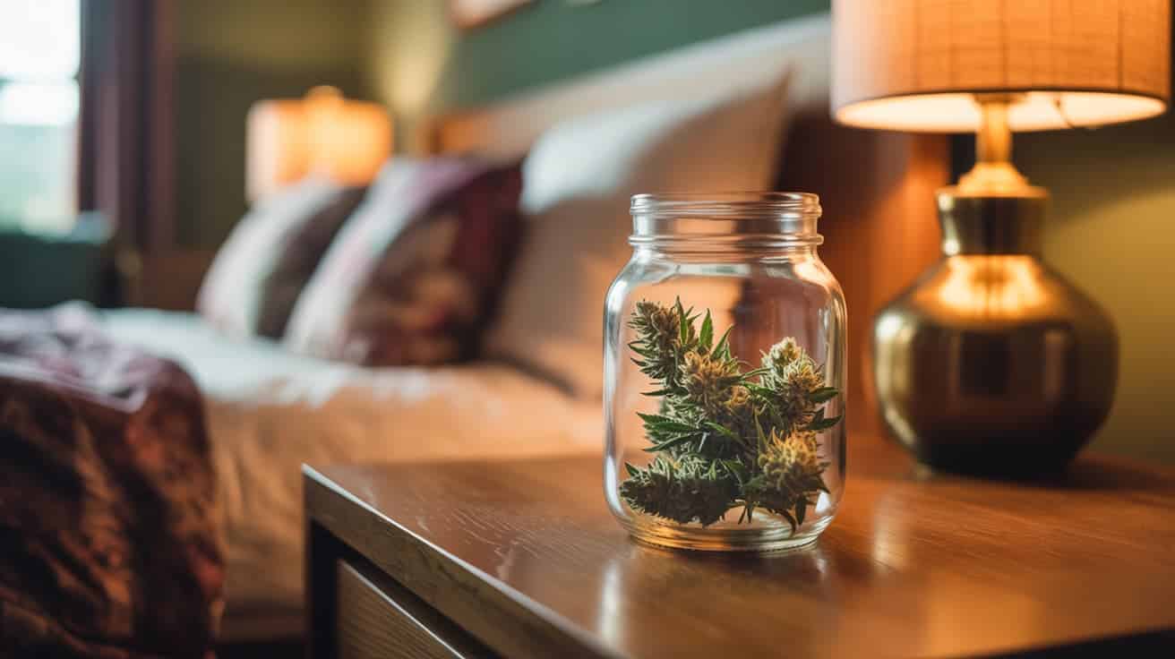 cannabis buds in glass jar on bedside table with warm lamp light and calm evening mood