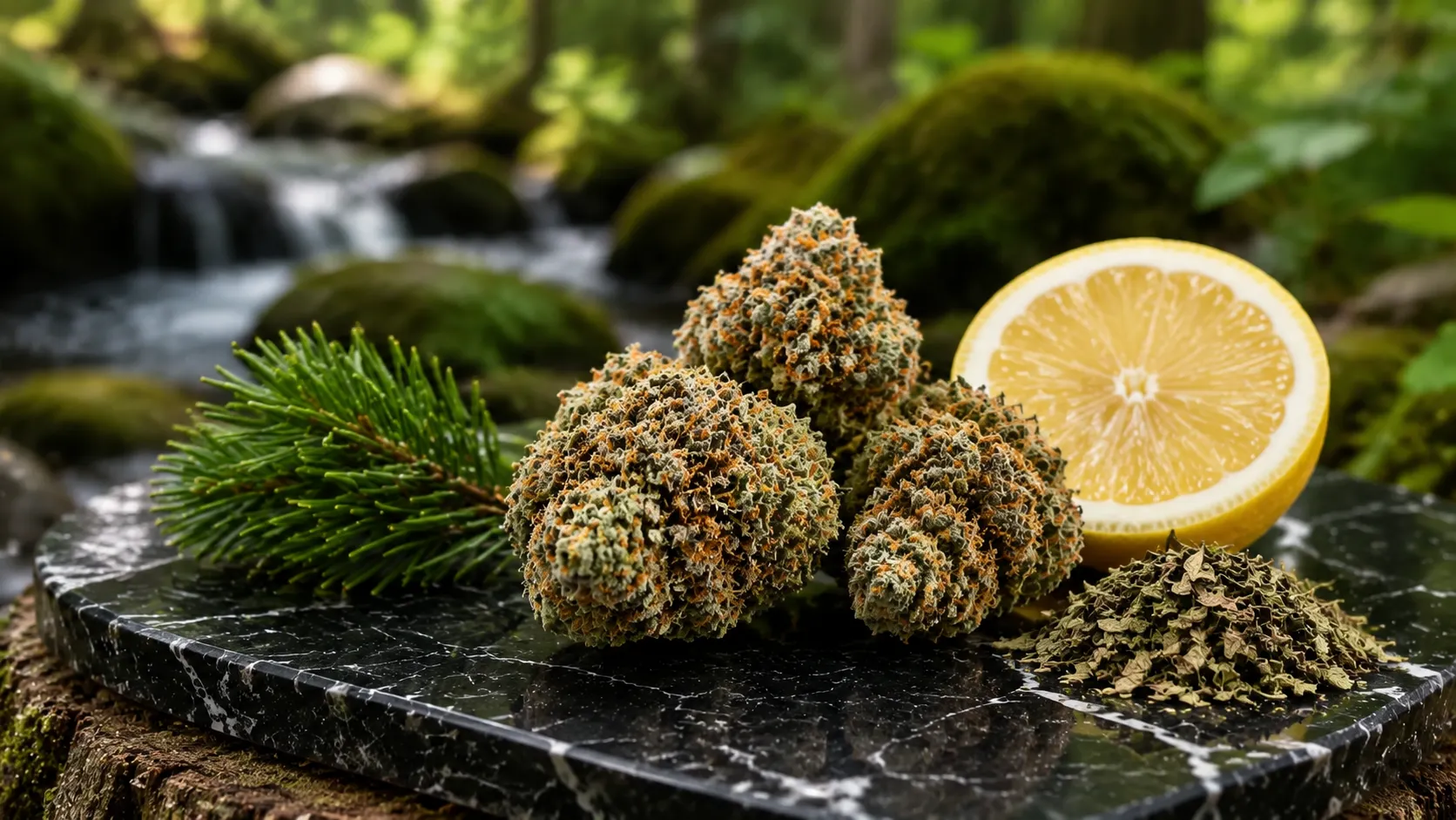 cannabis buds on a dark marble tray with pine needles, lemon, and dried herbs, captured in soft natural light