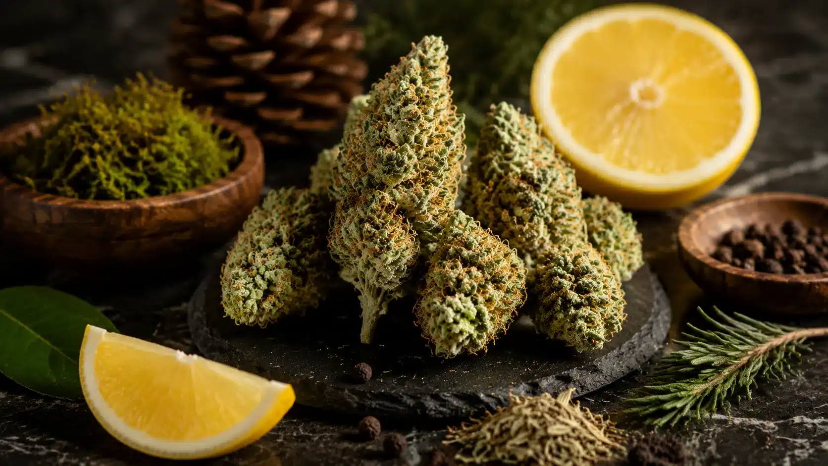 cannabis buds on a slate plate surrounded by lemon, pine sprig, and dried herbs, set on a dark marble surface
