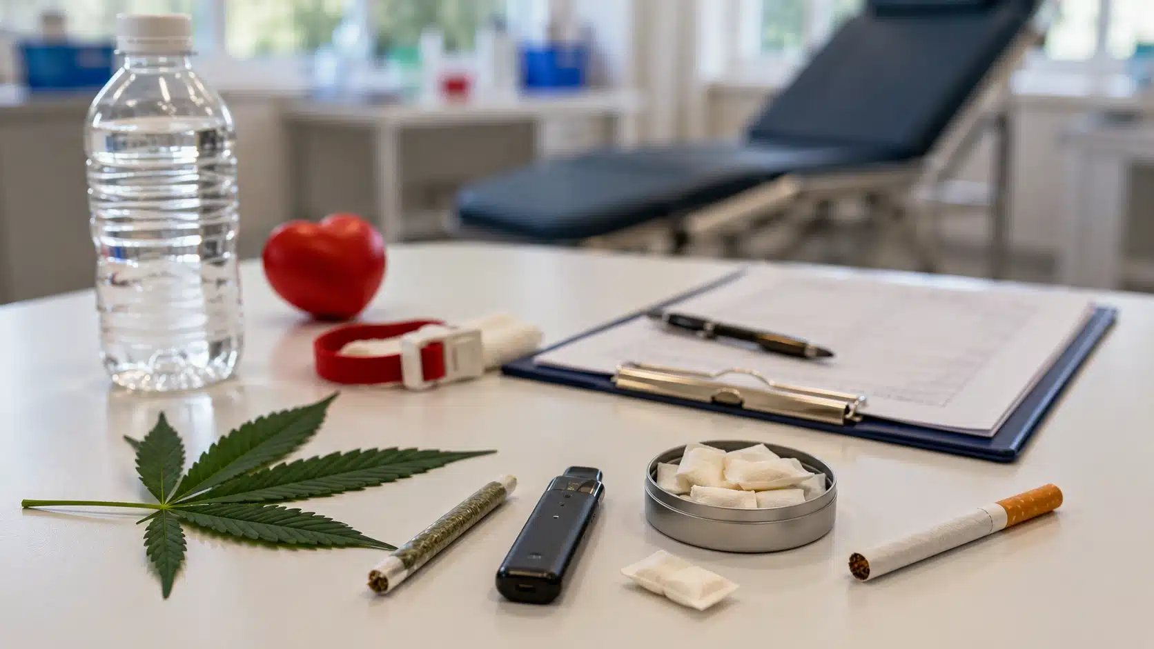 cannabis leaf, vape, nicotine pouches, cigarette, clipboard, water bottle, and bandage in clinic setting