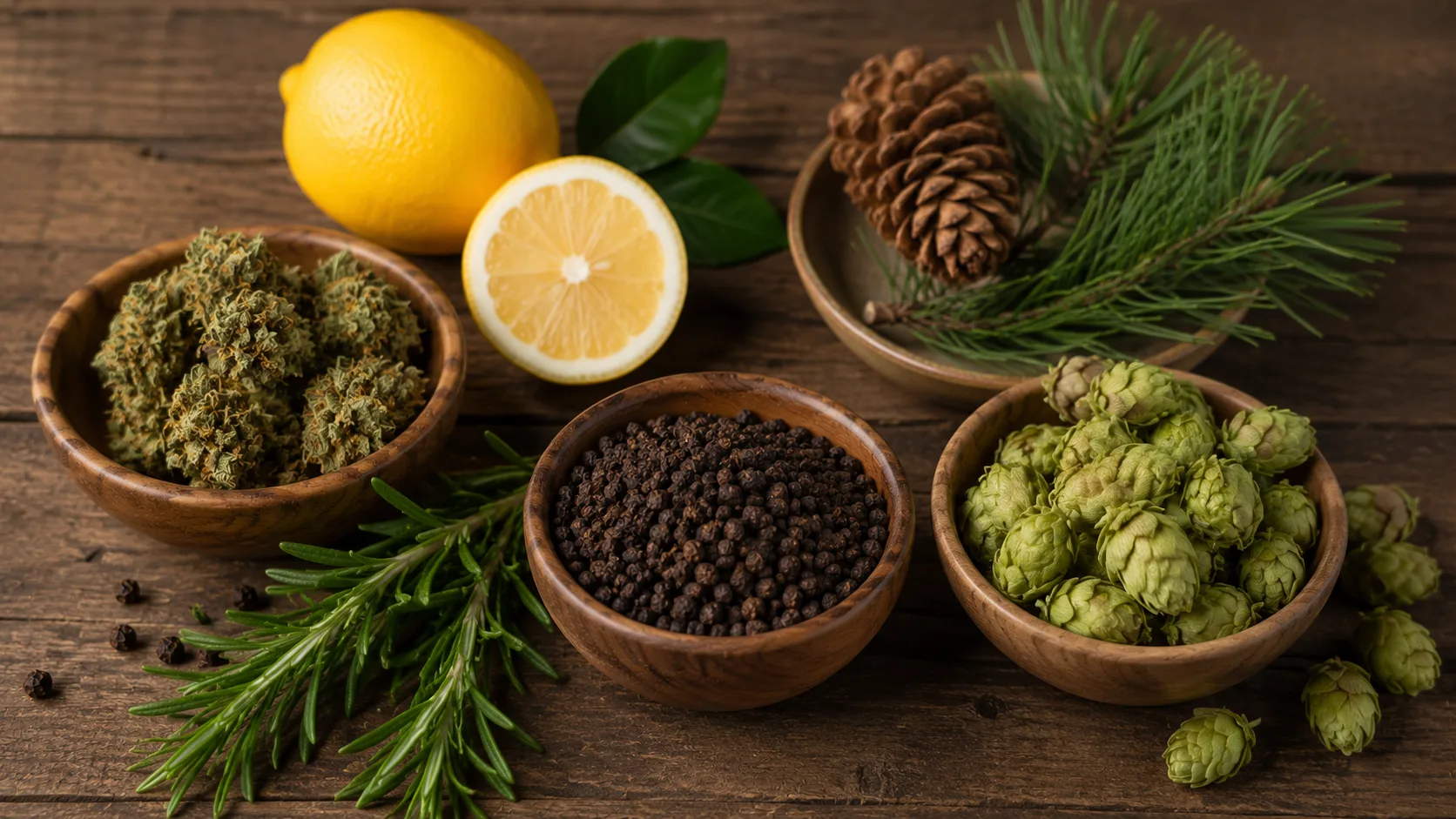 cannabis, peppercorns, lemon, pine, rosemary, and hops comparing terpenes while showing caryophyllene terpene effects