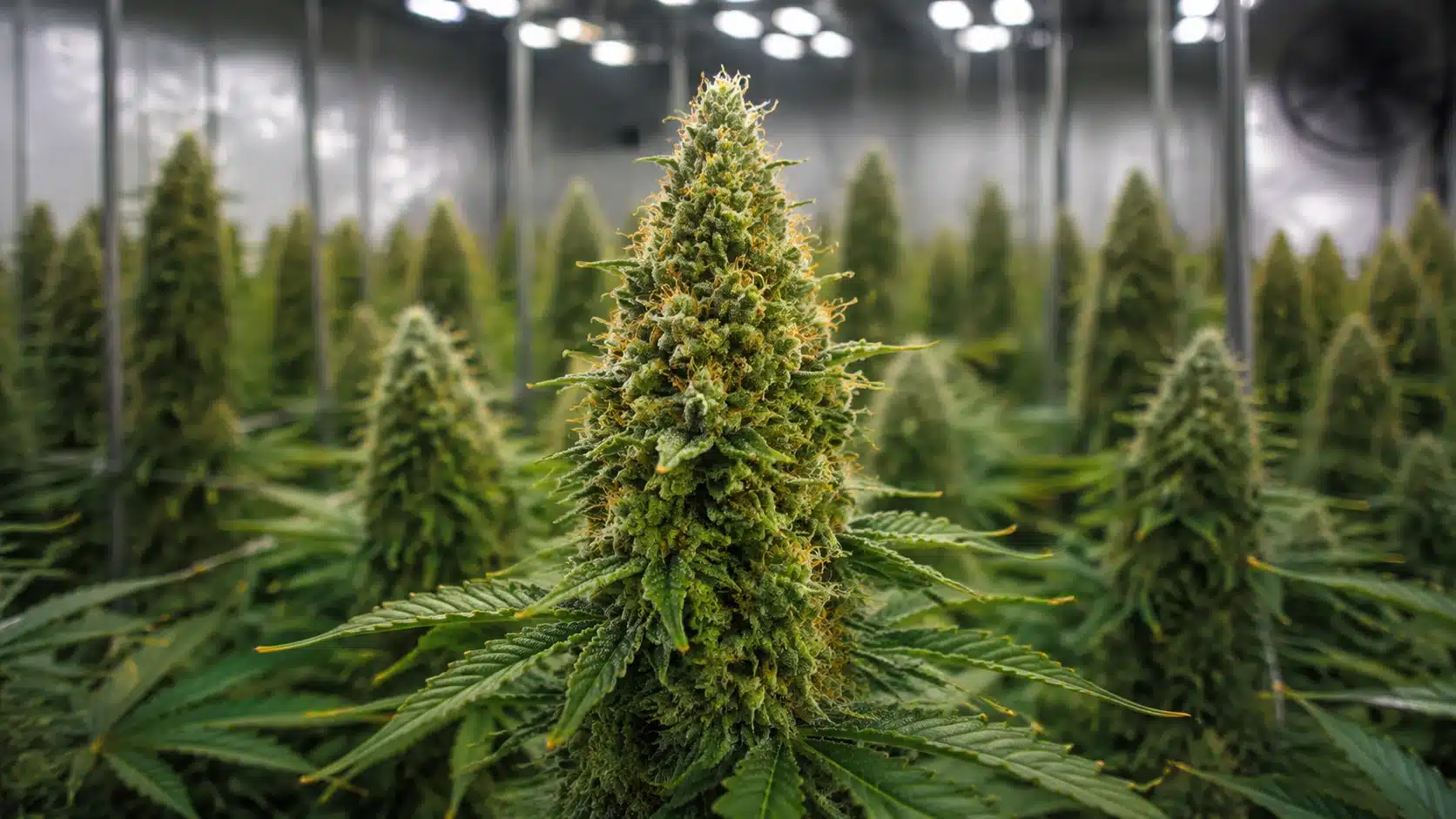 cannabis plants with resin-coated buds growing in a modern indoor facility, under led lights with tall green leaves