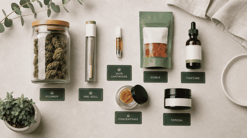 cannabis products on dispensary counter with flower vapes edibles and concentrates