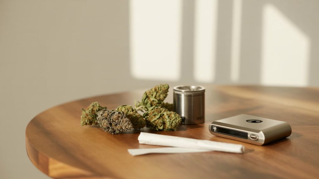 cannabis setup with thca flower, grinder, and vape on a clean table
