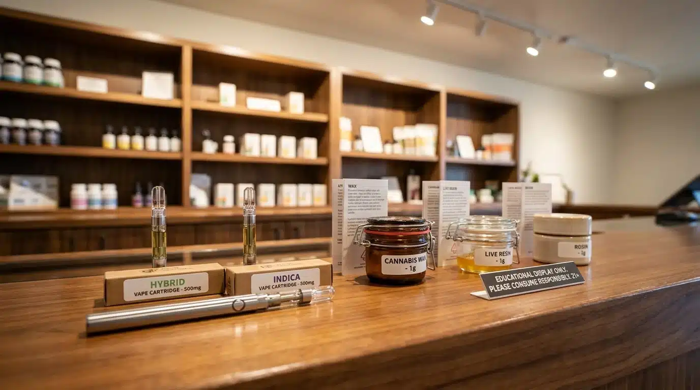 cannabis vape pen cartridge and concentrate jars on a clean dispensary counter with clear product labels