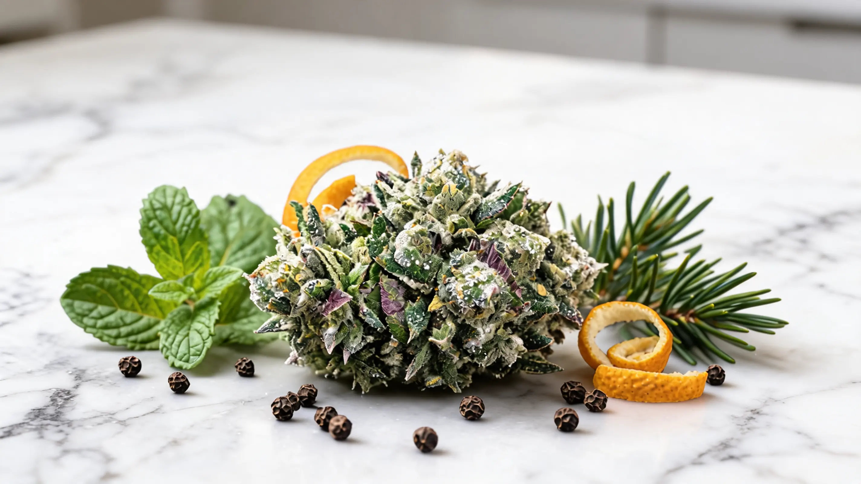 cap junky bud on flat surface surrounded by mint citrus pine and spice aroma elements in hyper realistic style (1)