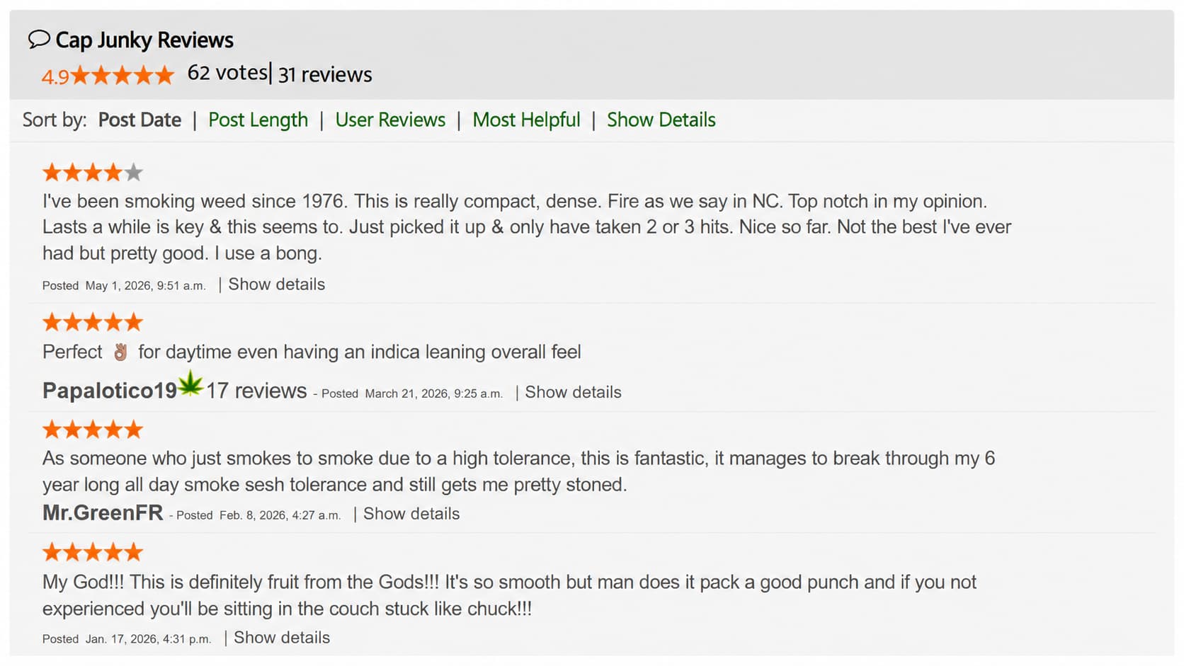 cap junky reviews page showing rating and user comments about strain effects and potency experiences
