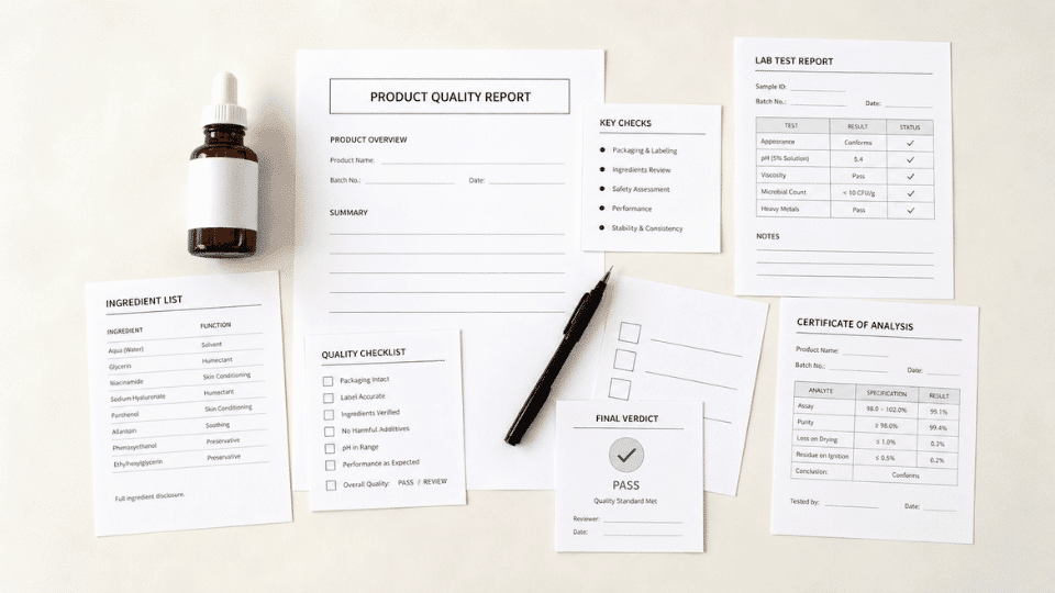 cbd bottle with lab report and checklist for product quality review