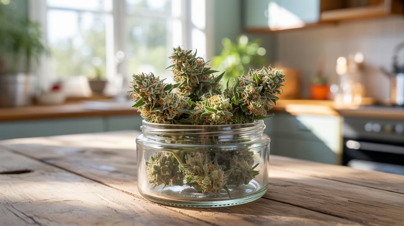 cbd cannabis buds in glass jar on wooden table with soft natural light and visible trichomes