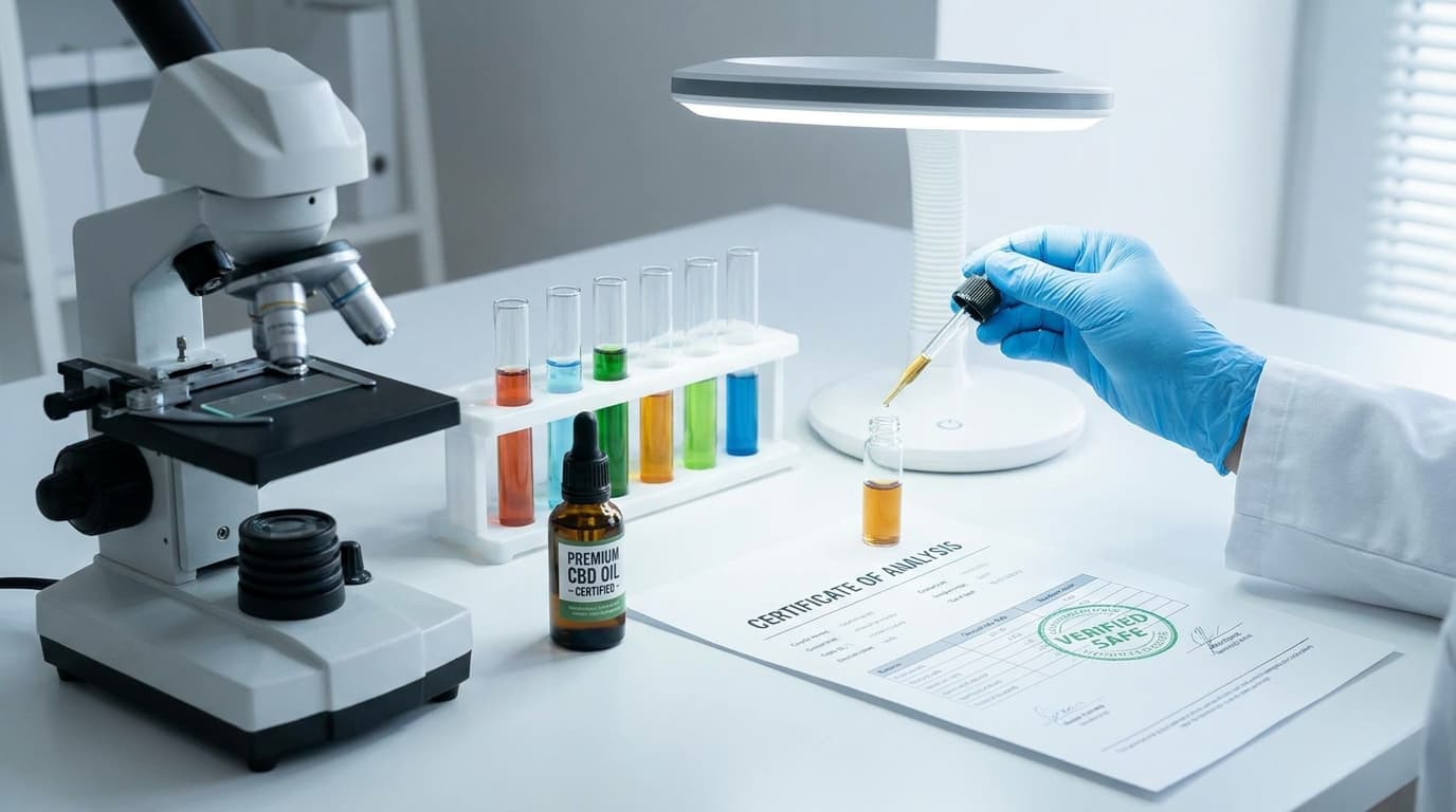 cbd lab testing report with bottle and scientific equipment for safety check