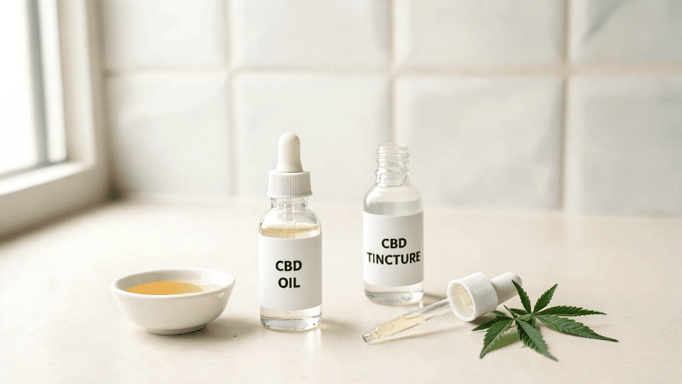 cbd oil and cbd tincture bottles side by side on a clean counter