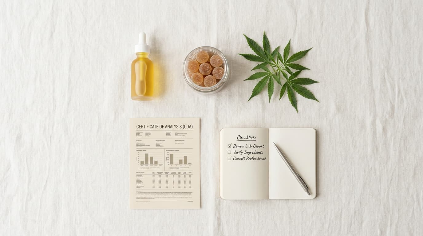 cbd oil bottle gummies lab report and checklist on clean background for buying guide