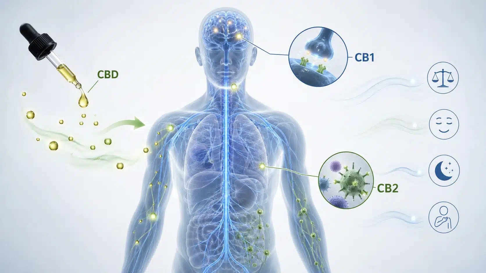 cbd oil droplets interacting with cb1 and cb2 receptors in a semi-transparent human body diagram