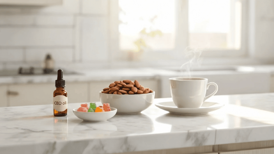 cbd oil gummies and healthy snacks on a clean kitchen counter for a blog about cbd and appetite effects