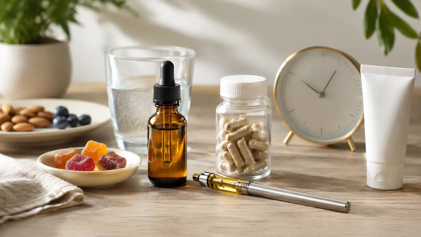 cbd oil, gummies, capsules, vape pen, cream, water, snack, and clock on wellness table