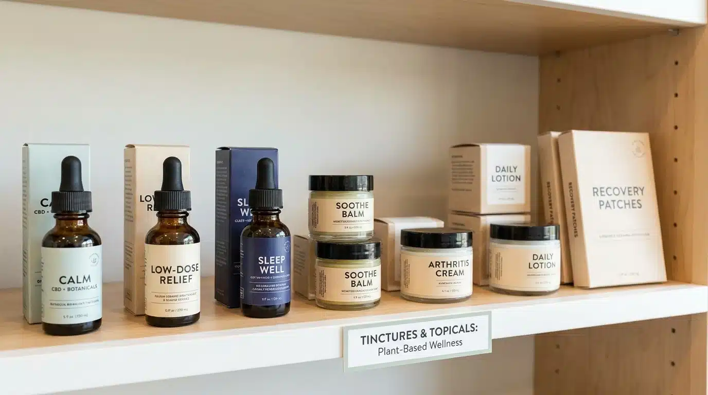 cbd tincture dropper bottles topicals balms creams and patches on a clean shelf with simple product labels