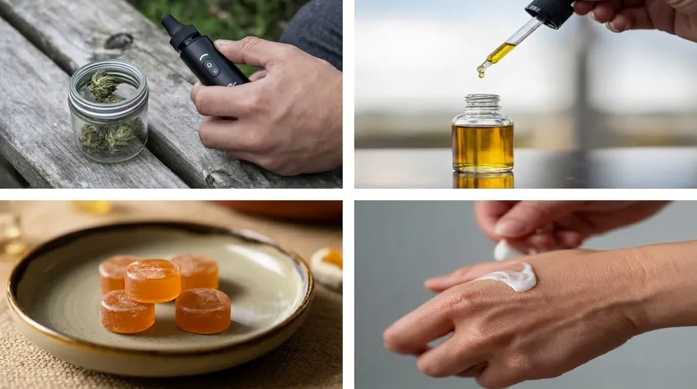 cbd use methods showing vape oil gummies and cream in four frame layout with realistic home settings