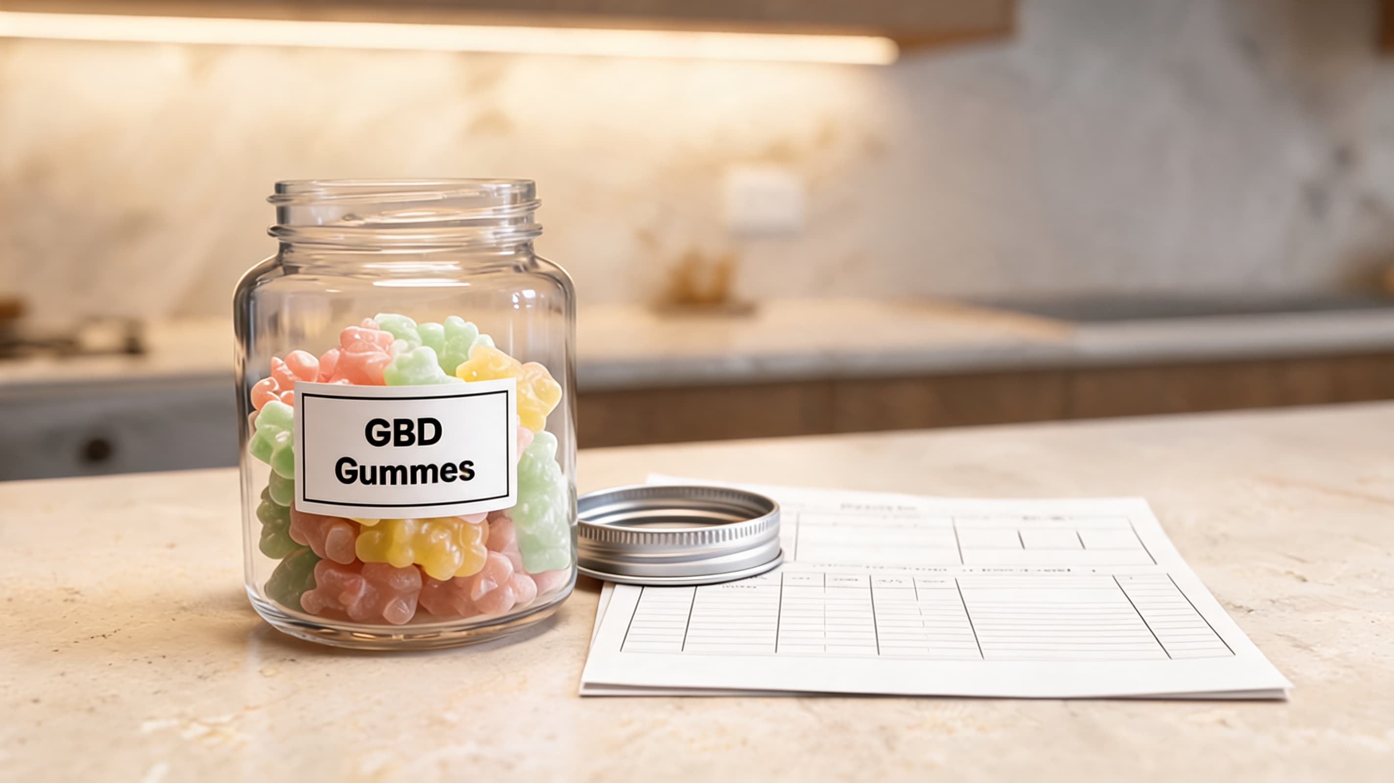 clear cbd gummies in a glass jar beside hemp oil and lab report paper with no readable words
