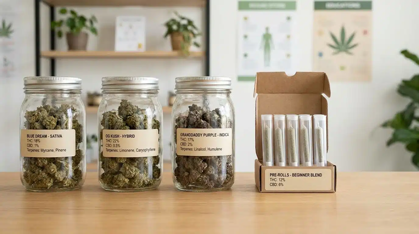 clear jars of cannabis flower and pre rolls on a clean dispensary counter with labels and soft light
