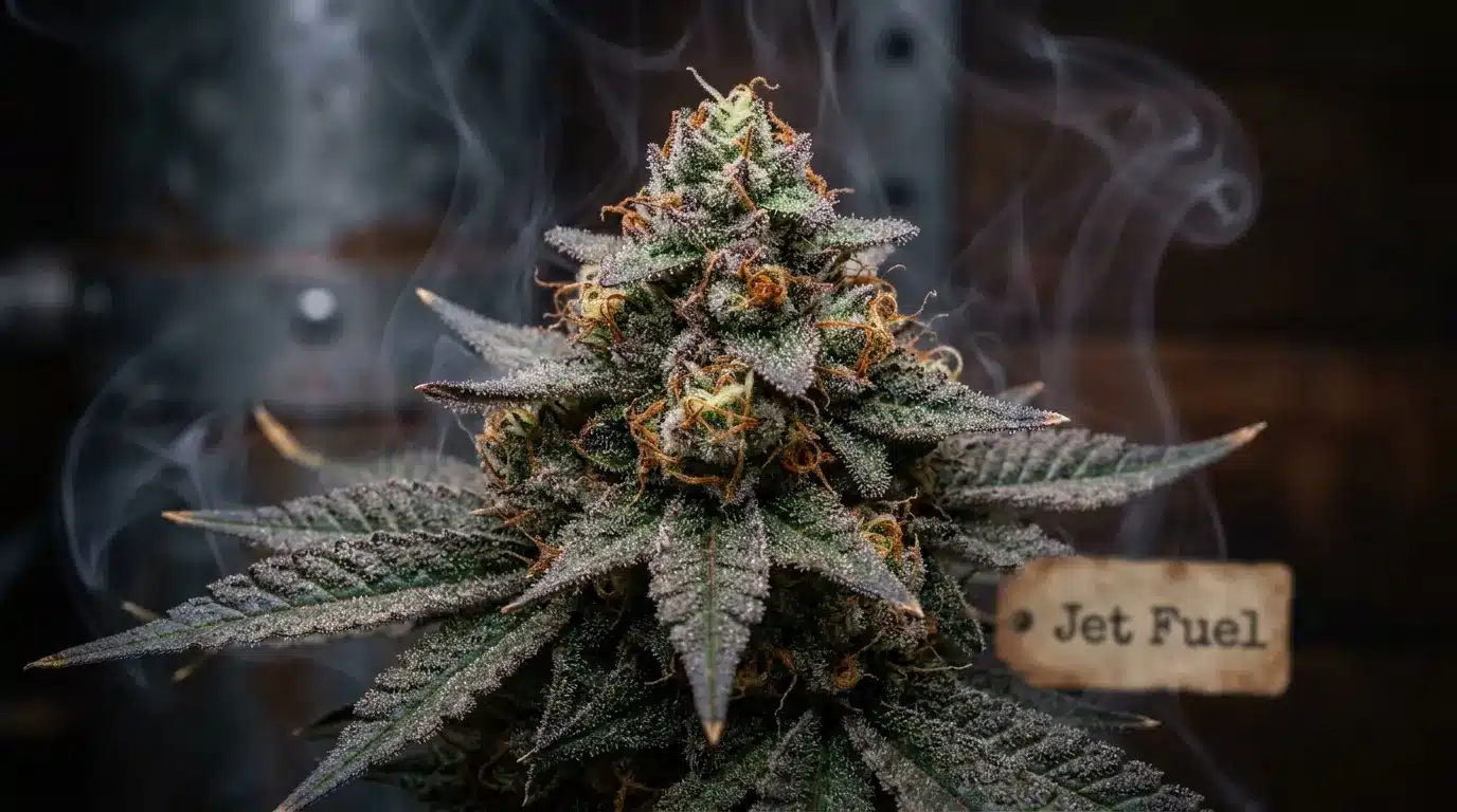 close-up Jet Fuel cannabis buds in a glass jar with diesel, pine, and citrus elements for a strain guide