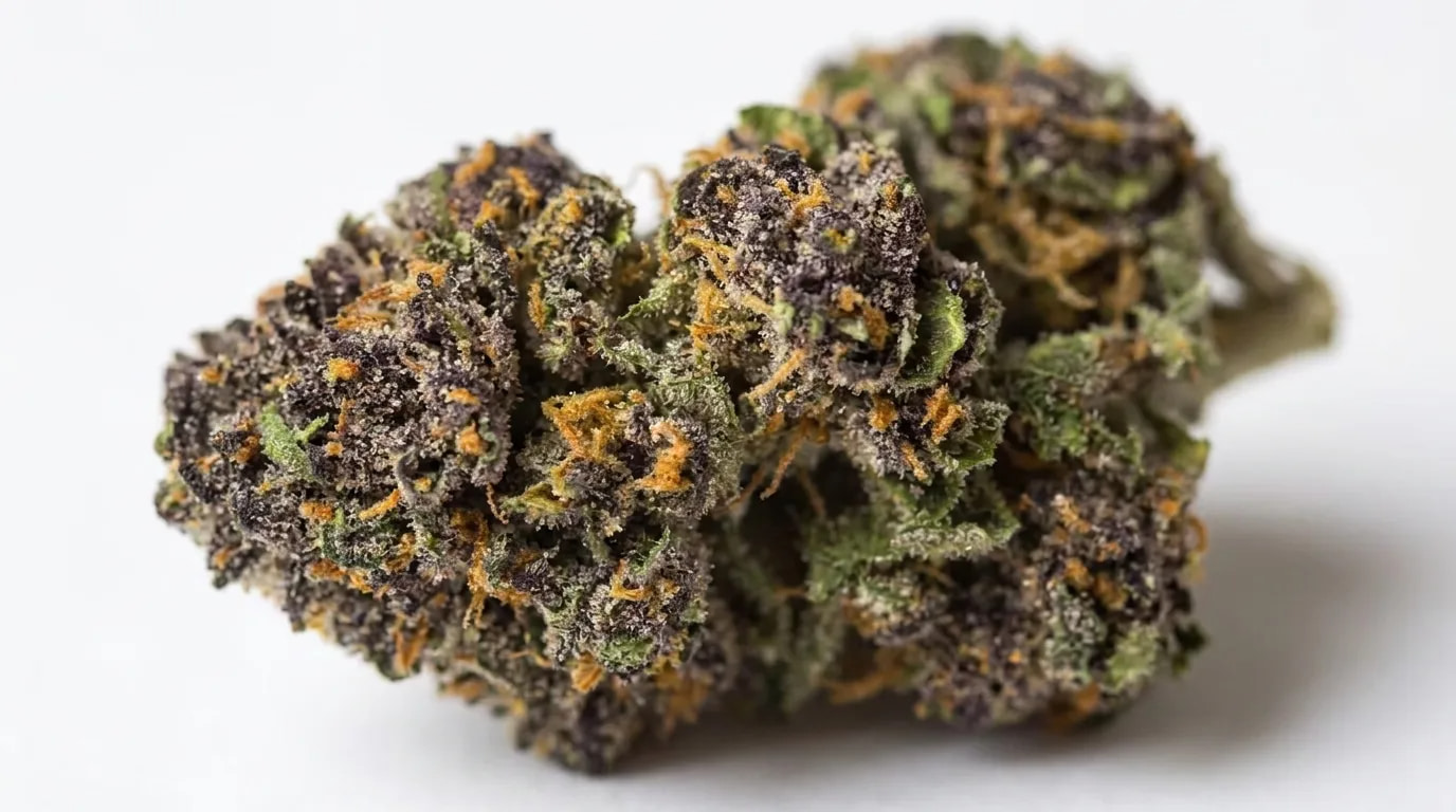 Close-up of Blue Zkittlez cannabis bud showing purple hues, orange pistils, and heavy trichome coverage
