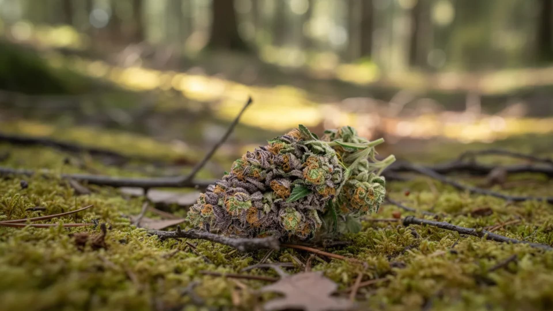 close-up of cannabis bud resting on mossy forest floor with natural sunlight, earthy tones, and blurred woodland background creating calm outdoor setting