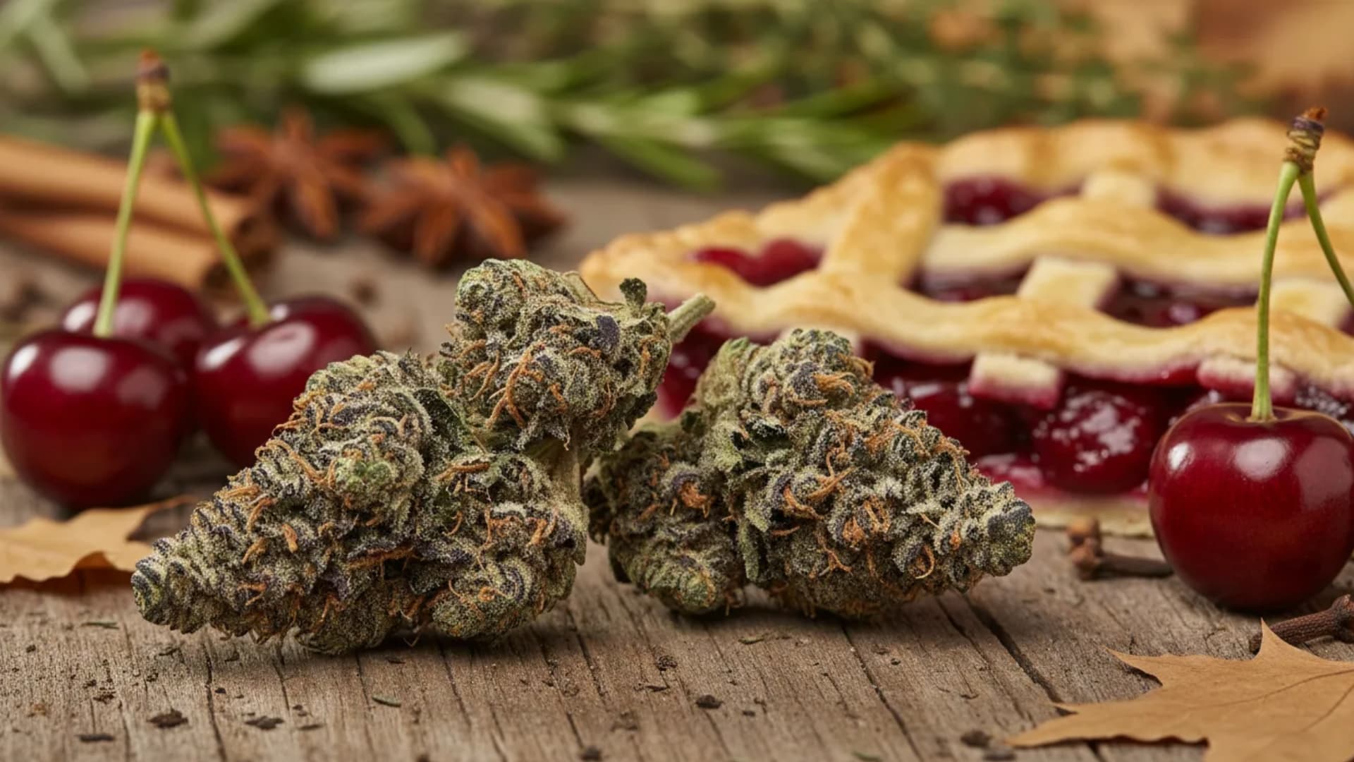 close-up of Cherry Pie cannabis buds with cherries and pie on wooden surface, showing purple tones, orange hairs, and frosty texture