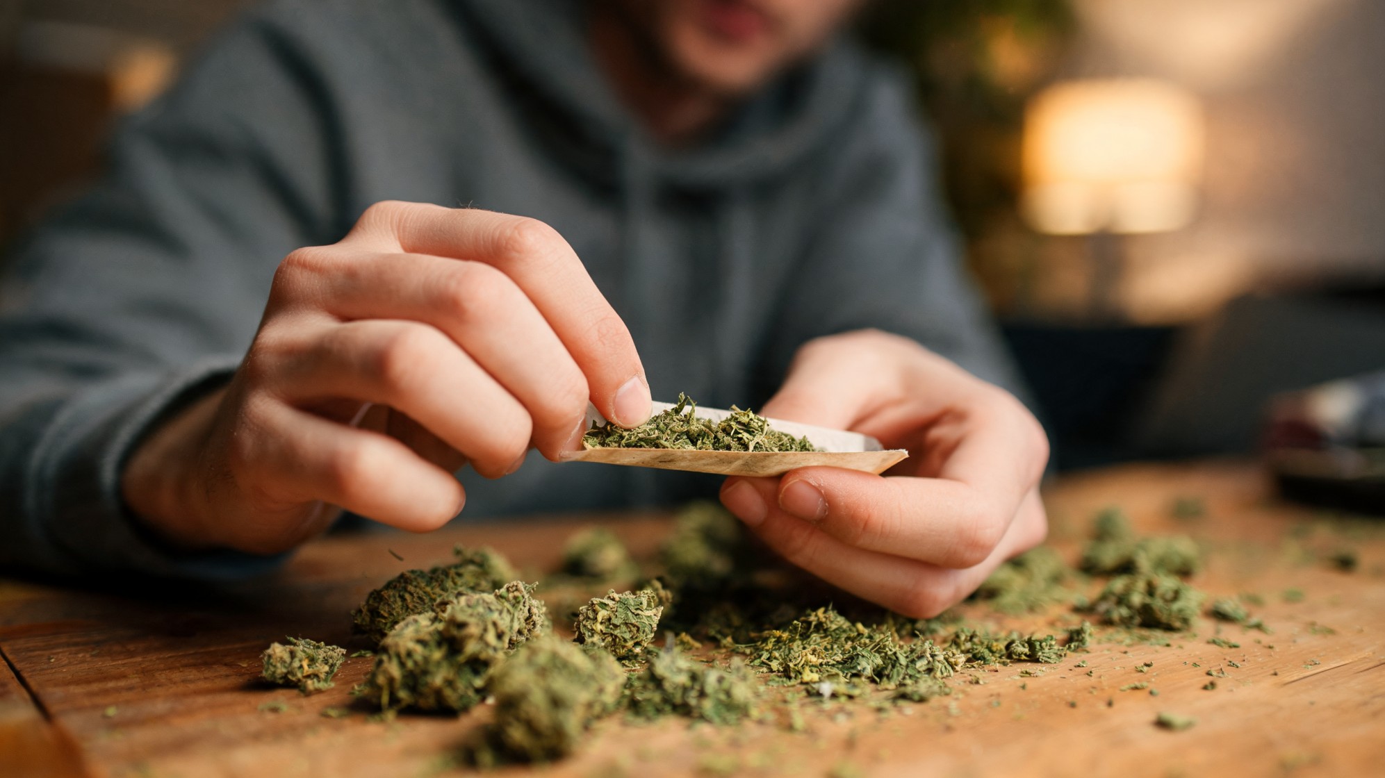 Close-up of hands rolling a cigarette with Gumbo strain buds on a wooden table