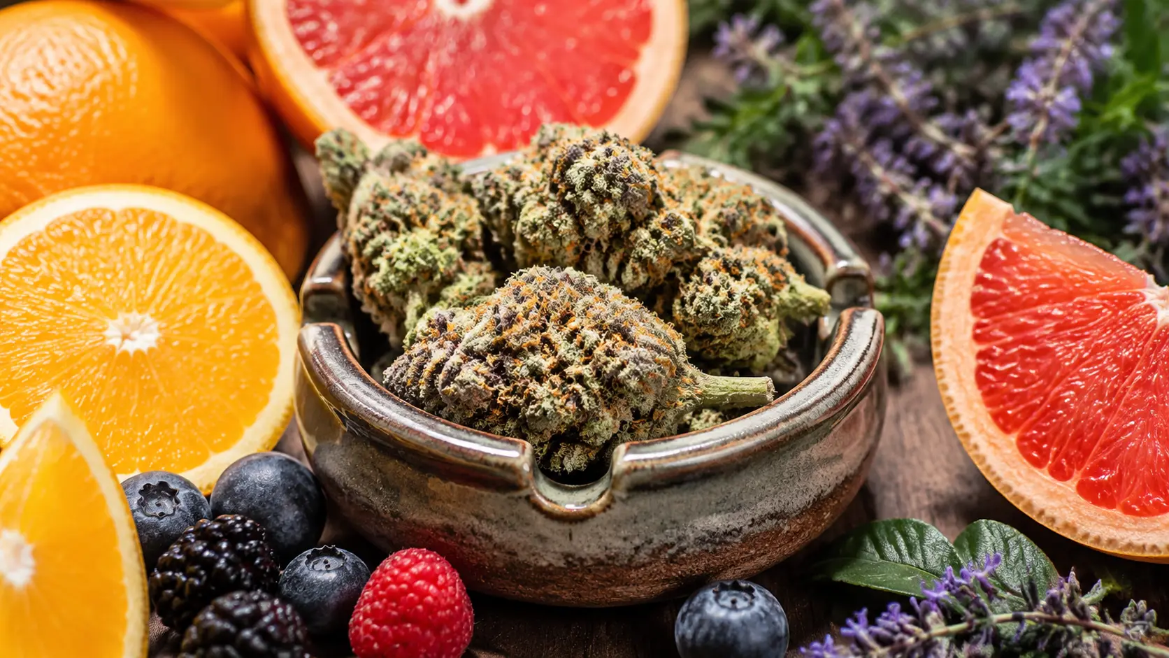 close-up of mimosa cannabis buds in a ceramic ashtray, surrounded by fresh citrus slices, berries, and leafy greens