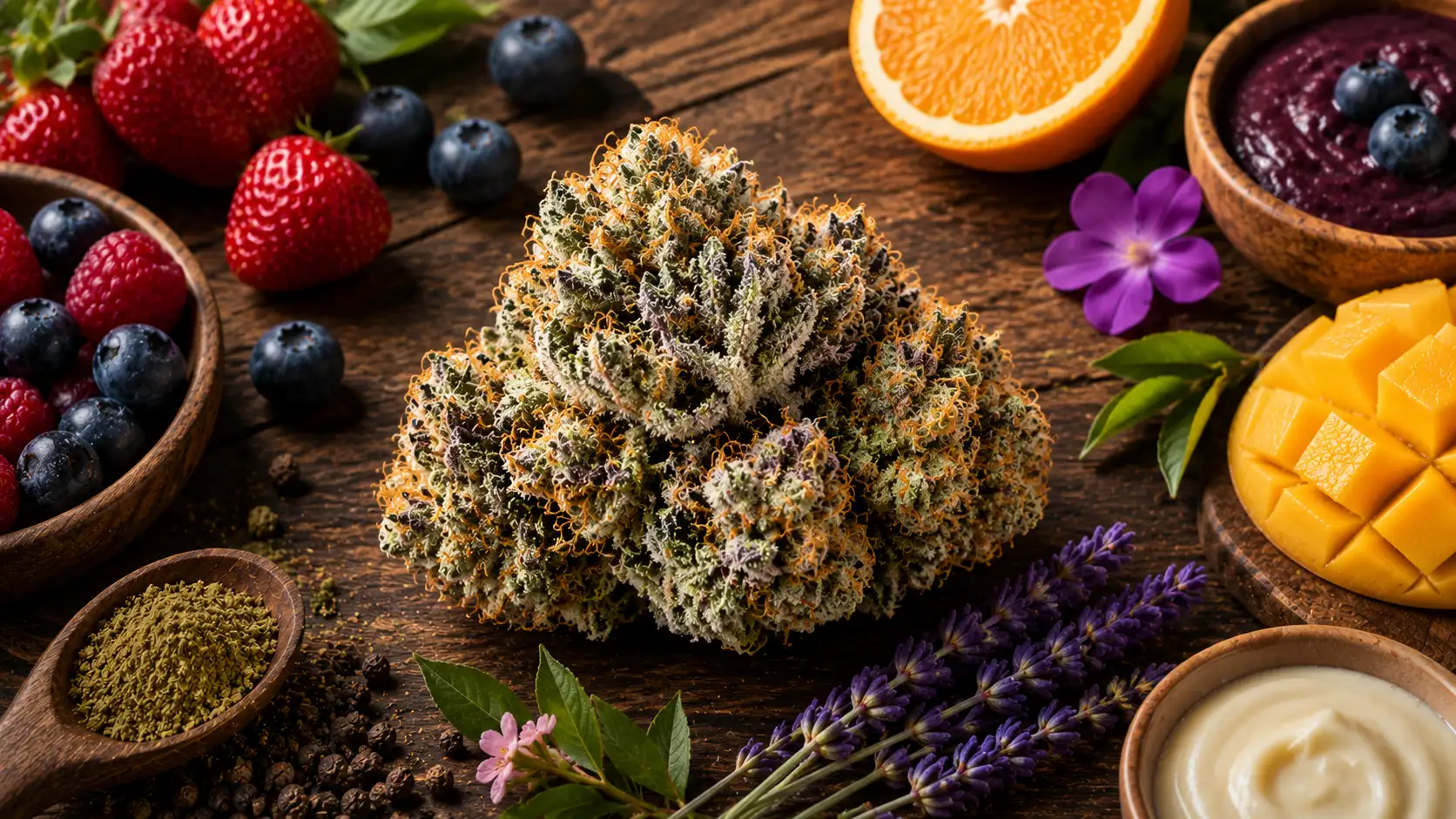 close-up pink acai cannabis bud surrounded by berries, tropical fruits, lavender, and creamy elements on a wooden table